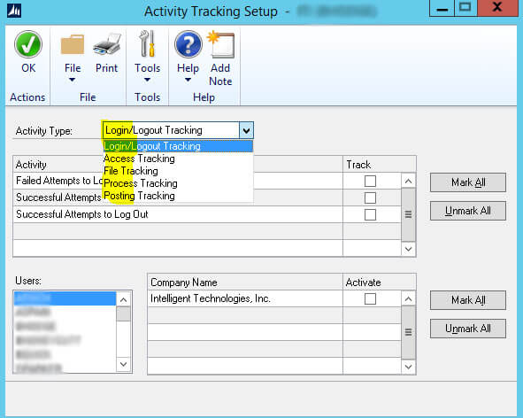 Dynamics GP Activity Tracking Setup