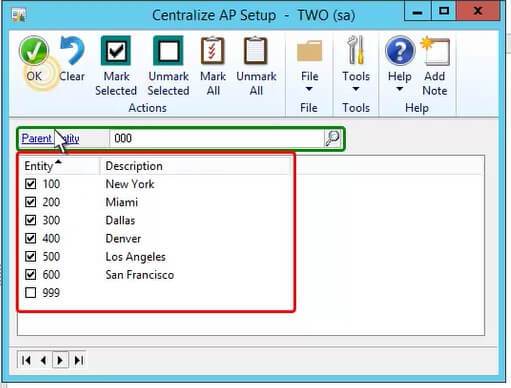 Screenshot of Centralized AP Setup window in Dynamics GP using Muti-Entity Management solution