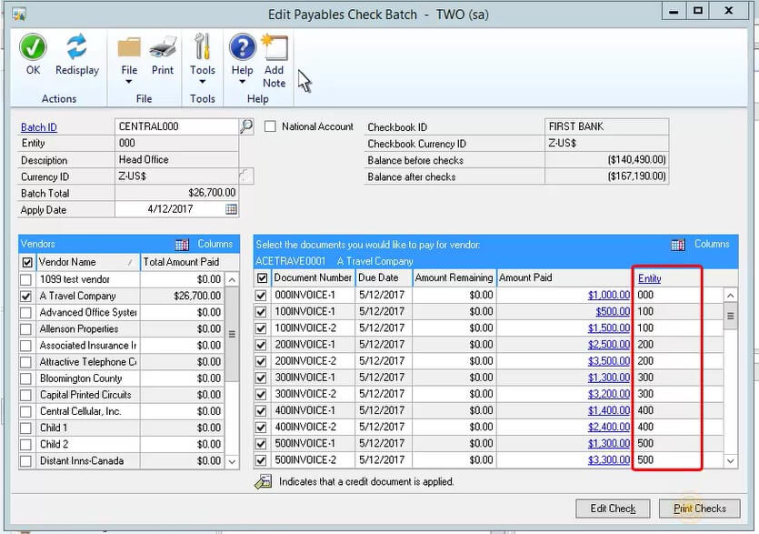 Screenshot of Edit Payables Check Batch window in Dynamics GP using Muti-Entity Management solution
