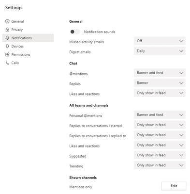 Settings menu in Microsoft Teams
