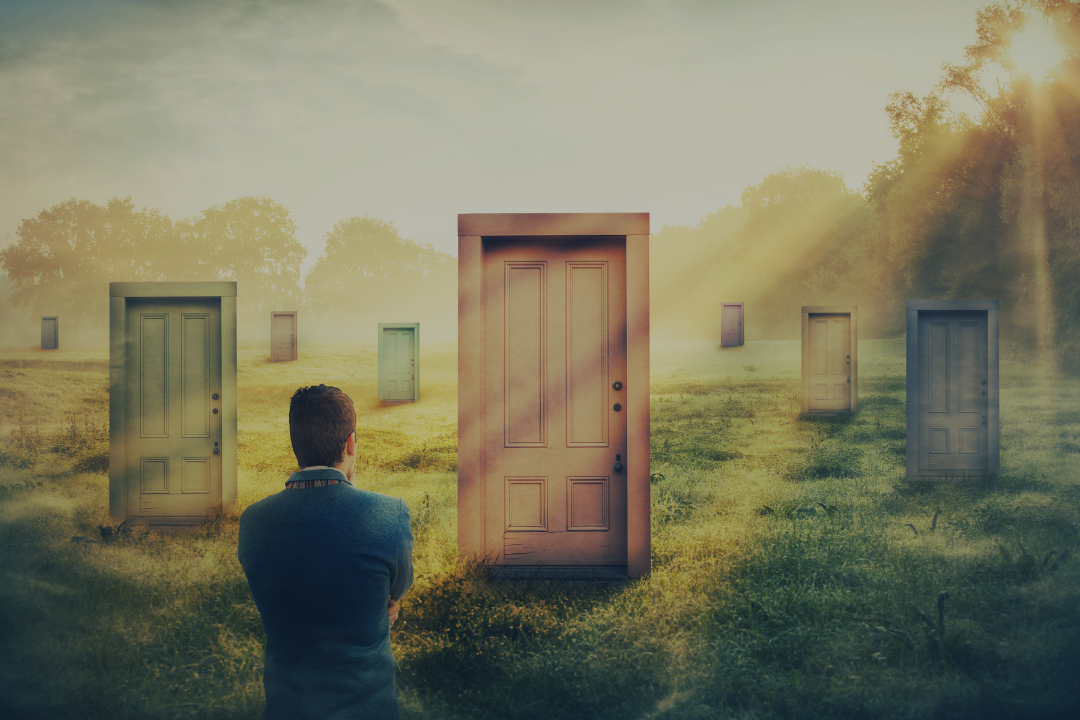 Doors in a field, representing the concept of choice