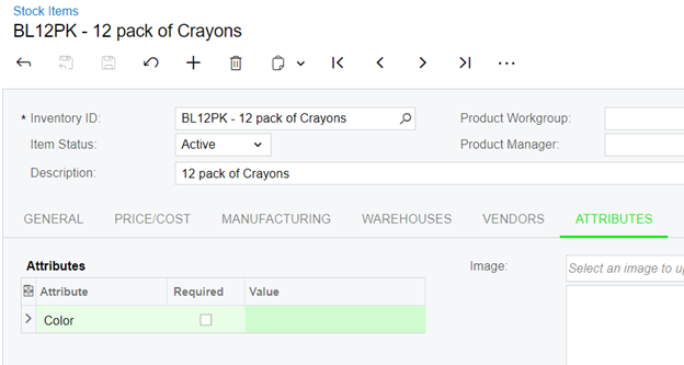 Attributes assigned to an item class in Acumatica