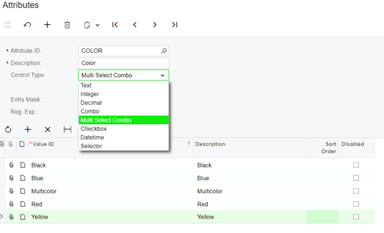 Attribute creation screen in Acumatica
