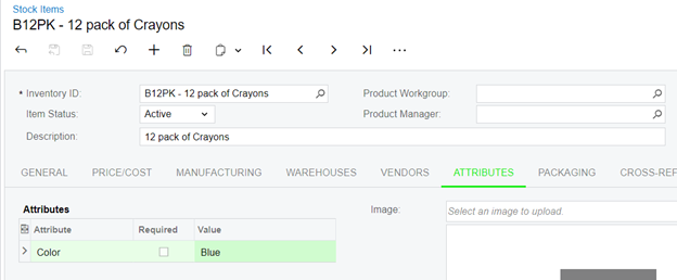 Attributes assigned to an item class in Acumatica