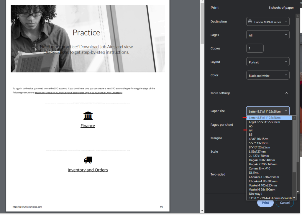 Screenshot of Acumatica printer settings